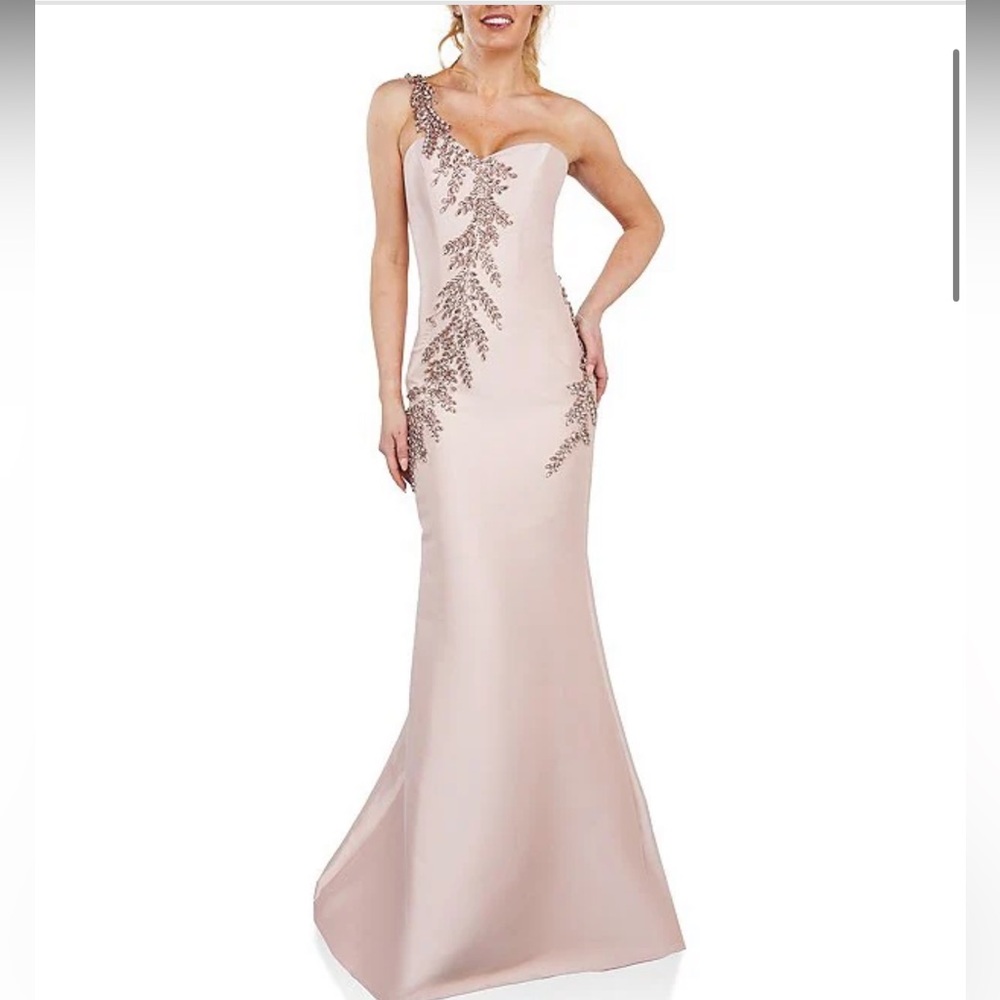 Terani Couture One-Shoulder Blush Pink Evening Gown with Metallic Embellishment